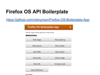 Firefox OS API Boilerplate
https://github.com/robnyman/Firefox-OS-Boilerplate-App
 