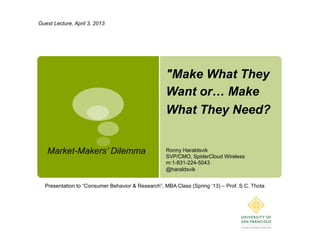 Guest Lecture, April 3, 2013

"Make What They
Want or… Make
What They Need?
Market-Makers’ Dilemma

Ronny Haraldsvik
SVP/CMO, SpiderCloud Wireless
m:1-831-224-5043
@haraldsvik

Presentation to “Consumer Behavior & Research”, MBA Class (Spring ‘13) – Prof. S.C. Thota

 