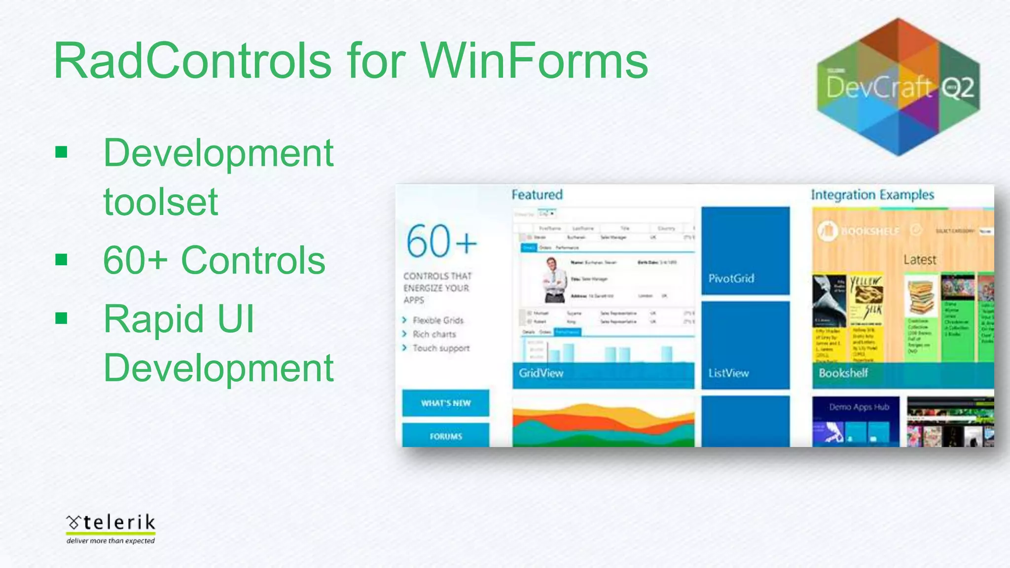 RadControls for WinForms
Development
toolset
60+ Controls
Rapid UI
Development