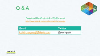Email Twitter
Lohith.nagaraj@Telerik.com @kashyapa
Download RadControls for WinForms at
http://www.telerik.com/products/winforms.aspx
Q & A
 