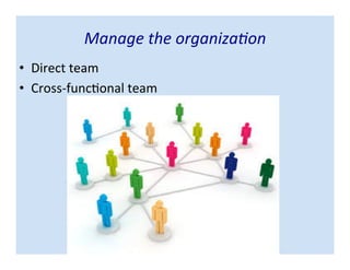 • Direct team
• Cross-functional team
Manage the organization
 
