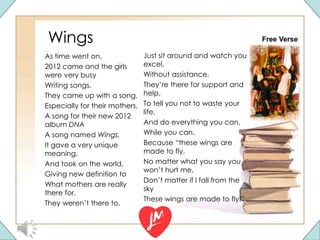Wings
As time went on,
2012 came and the girls
were very busy
Writing songs.
They came up with a song,
Especially for their mothers,
A song for their new 2012
album DNA
A song named Wings.
It gave a very unique
meaning,
And took on the world,
Giving new definition to
What mothers are really
there for.
They weren’t there to,
Free Verse
Just sit around and watch you
excel,
Without assistance,
They’re there for support and
help,
To tell you not to waste your
life,
And do everything you can,
While you can.
Because “these wings are
made to fly,
No matter what you say you
won’t hurt me,
Don’t matter if I fall from the
sky
These wings are made to fly!”
 