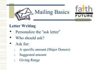 Mailing Basics 
Letter Writing 
 Personalize the “ask letter” 
 Who should ask? 
 Ask for: 
1. A specific amount (Major Donors) 
2. Suggested amount 
3. Giving Range 
 