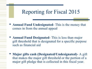 Reporting for Fiscal 2015 
 Annual Fund Undesignated- This is the money that 
comes in from the annual appeal 
 Annual Fund Designated- This is less than major 
gift threshold that is designated for a specific purpose 
such as financial aid 
 Major gifts cash (Designated/Undesignated)- A gift 
that makes the major gift threshold or the portion of a 
major gift pledge that is collected in this fiscal year. 
 