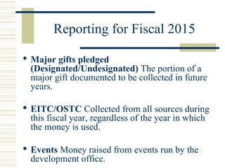Reporting for Fiscal 2015 
 Major gifts pledged 
(Designated/Undesignated) The portion of a 
major gift documented to be collected in future 
years. 
 EITC/OSTC Collected from all sources during 
this fiscal year, regardless of the year in which 
the money is used. 
 Events Money raised from events run by the 
development office. 
 