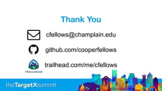 Thank You
cfellows@champlain.edu
github.com/cooperfellows
trailhead.com/me/cfellows
 