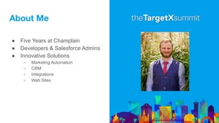 About Me
● Five Years at Champlain
● Developers & Salesforce Admins
● Innovative Solutions
○ Marketing Automation
○ CRM
○ Integrations
○ Web Sites
 