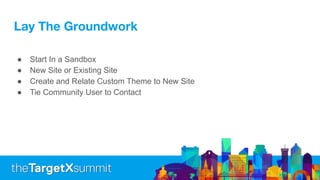 Lay The Groundwork
● Start In a Sandbox
● New Site or Existing Site
● Create and Relate Custom Theme to New Site
● Tie Community User to Contact
 