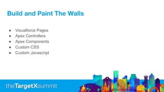 Build and Paint The Walls
● Visualforce Pages
● Apex Controllers
● Apex Components
● Custom CSS
● Custom Javascript
 