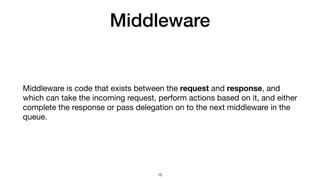 Middleware
Middleware is code that exists between the request and response, and
which can take the incoming request, perform actions based on it, and either
complete the response or pass delegation on to the next middleware in the
queue.
16
 