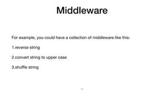 Middleware
For example, you could have a collection of middleware like this:

1.reverse string

2.convert string to upper case

3.shuﬄe string
17
 