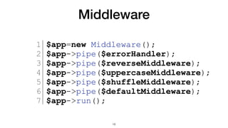 Middleware
1 $app=new Middleware();
2 $app->pipe($errorHandler);
3 $app->pipe($reverseMiddleware);
4 $app->pipe($uppercaseMiddleware);
5 $app->pipe($shuffleMiddleware);
6 $app->pipe($defaultMiddleware);
7 $app->run();
18
 
