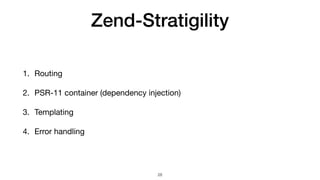 Zend-Stratigility
1. Routing

2. PSR-11 container (dependency injection)

3. Templating

4. Error handling
28
 