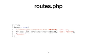 routes.php
1 <?php
2 $app->route(
3 '/author[/{action:add|edit|delete}[/{id}]]',
4 AuthorsActionAuthorsPage::class,['GET','POST'],
5 'author'
6 );
78
 