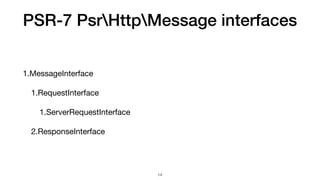 PSR-7 PsrHttpMessage interfaces
1.MessageInterface

1.RequestInterface

1.ServerRequestInterface

2.ResponseInterface
14
 