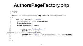 AuthorsPageFactory.php
1 <?php
2 ...
3 class AuthorsPageFactory implements FactoryInterface
4 {
5 public function __invoke...