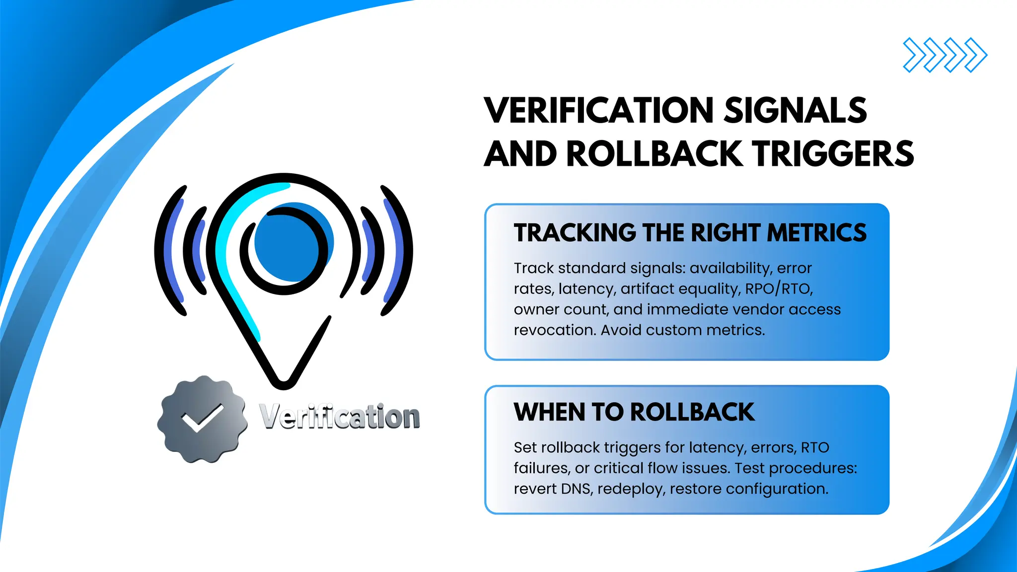 TRACKING THE RIGHT METRICS
Track standard signals: availability, error
rates, latency, artifact equality, RPO/RTO,
owner count, and immediate vendor access
revocation. Avoid custom metrics.
WHEN TO ROLLBACK
Set rollback triggers for latency, errors, RTO
failures, or critical flow issues. Test procedures:
revert DNS, redeploy, restore configuration.
VERIFICATION SIGNALS
AND ROLLBACK TRIGGERS
 