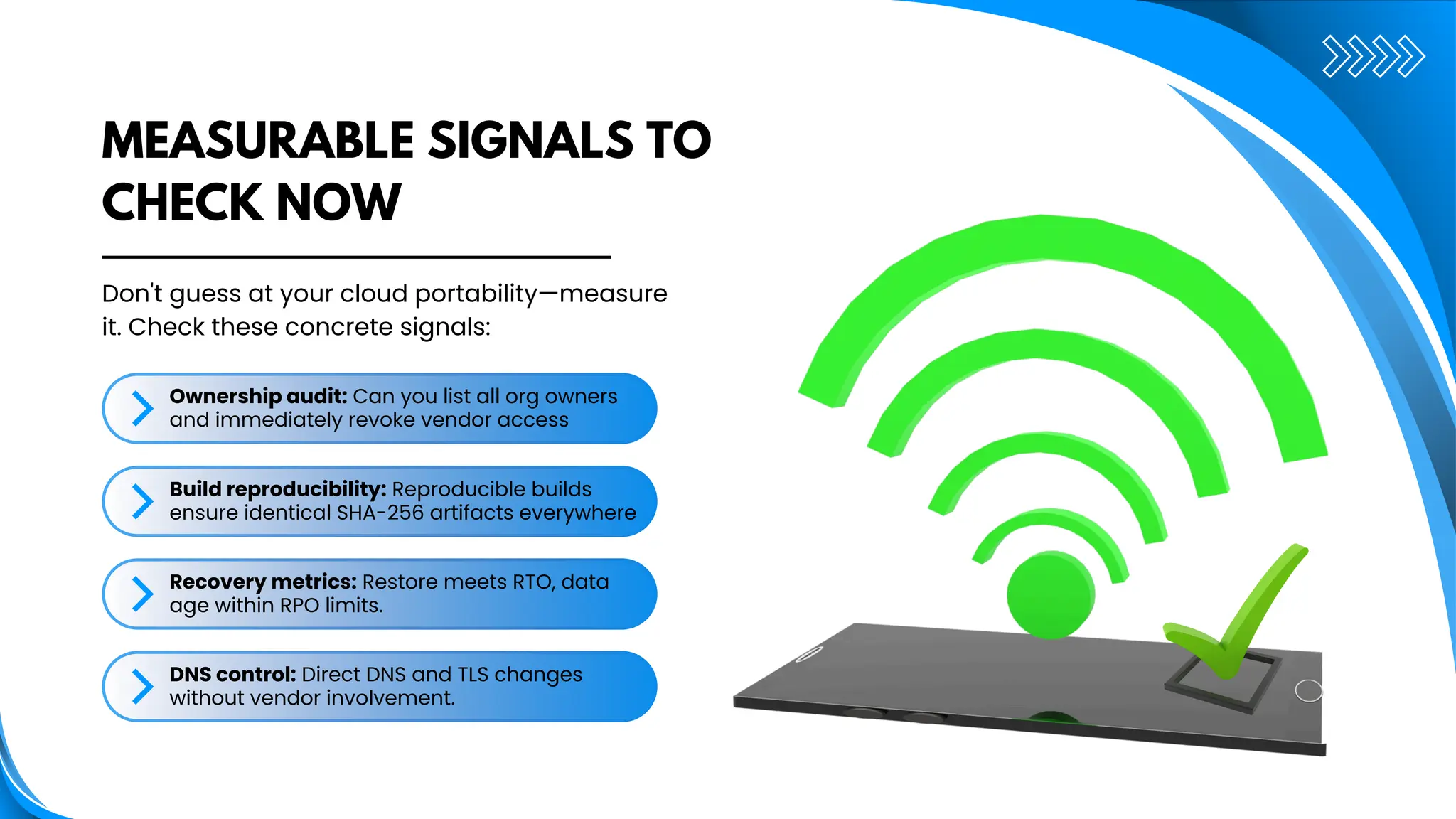 Don't guess at your cloud portability—measure
it. Check these concrete signals:
MEASURABLE SIGNALS TO
CHECK NOW
Ownership audit: Can you list all org owners
and immediately revoke vendor access
Build reproducibility: Reproducible builds
ensure identical SHA-256 artifacts everywhere
Recovery metrics: Restore meets RTO, data
age within RPO limits.
DNS control: Direct DNS and TLS changes
without vendor involvement.
 