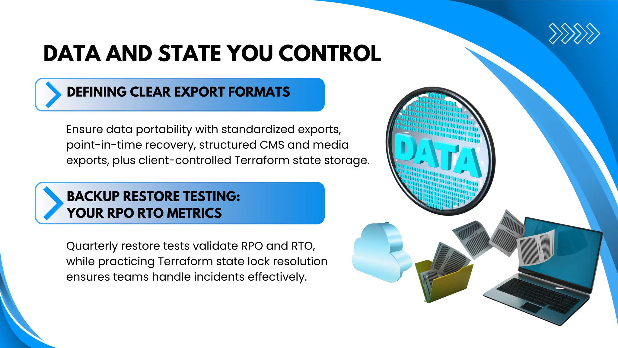 DATA AND STATE YOU CONTROL
Ensure data portability with standardized exports,
point-in-time recovery, structured CMS and media
exports, plus client-controlled Terraform state storage.
Quarterly restore tests validate RPO and RTO,
while practicing Terraform state lock resolution
ensures teams handle incidents effectively.
DEFINING CLEAR EXPORT FORMATS
BACKUP RESTORE TESTING:
YOUR RPO RTO METRICS
 