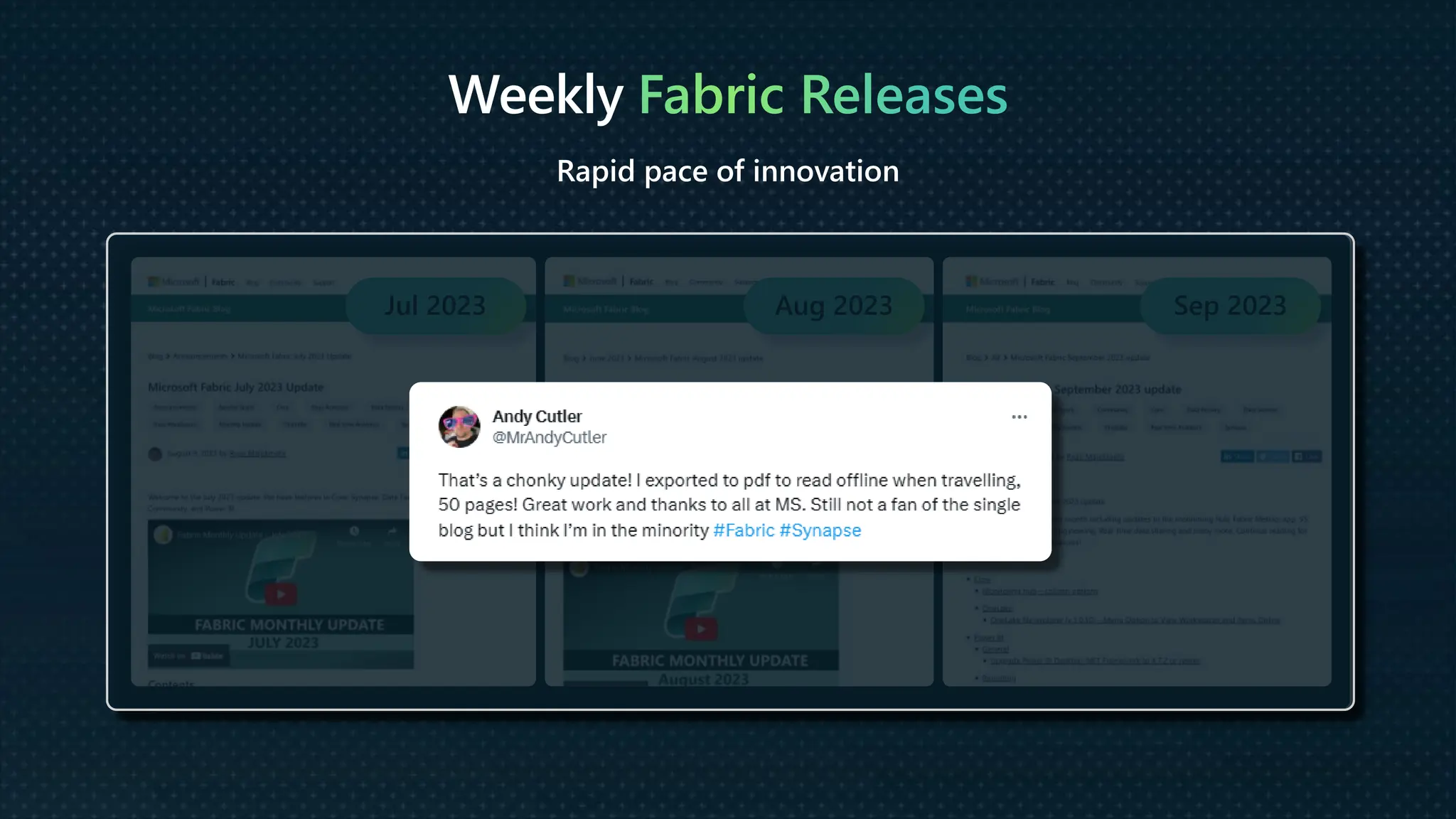 Weekly Fabric Releases
Rapid pace of innovation
Jul 2023 Aug 2023 Sep 2023
 