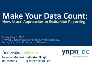 Make Your Data Count:New, Visual Approaches to Evaluation Reporting
Johanna Morariu
@j_morariu
Katherine Haugh
@Katherine_Haugh
YNPNdc 2015 Annual Conference, Washington, DC
Young Nonprofit Professionals Network
Friday, May 8, 2015
 