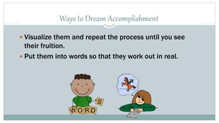 Ways to Dream Accomplishment 
 Visualize them and repeat the process until you see 
their fruition. 
 Put them into words so that they work out in real. 
 