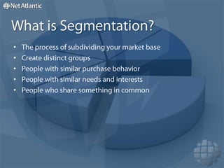 What is Segmentation?The process of subdividing your market baseCreate distinct groupsPeople with similar purchase behaviorPeople with similar needs and interestsPeople who share something in common