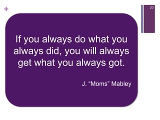 20If you always do what you always did, you will always get what you always got. J. “Moms” Mabley