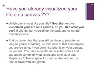 Haveyoualreadyvisualizedyourlifeon a canvas ???Which one is most like your life? Now that you've visualized your life on a canvas, do you like what you see? If you do, pat yourself on the back and celebrate that happiness.And do remember that you still continue to paint for as long as you're breathing, so take care of that masterpiece you are creating. If you don't like what is on your canvas, no worries. You have a palette of unlimited colors and you are in control of what colors and strokes to use. Maybe you'd like to spice it up with amber and red, or tone it down with sea green.27