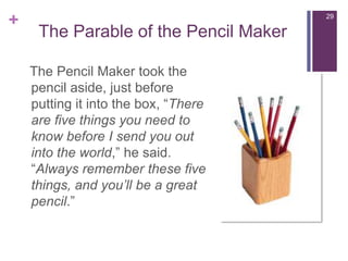 The Parable of the Pencil Maker29  The Pencil Maker took the pencil aside, just before putting it into the box, “There are five things you need to know before I send you out into the world,” he said.  “Always remember these five things, and you’ll be a great pencil.”