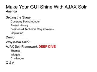 Make Your GUI Shine With AJAX Solr
Setting the Stage
Company Backgrounder
Project History
Business & Technical Requirements
Inspiration
Demo
Why AJAX Solr?
AJAX Solr Framework DEEP DIVE
Themes
Widgets
Challenges
Q & A
Agenda
 