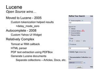 Lucene
Moved to Lucene - 2005
Custom tokenization helped results
+delay_mode_zero
Autocomplete - 2008
Custom Yahoo UI Widget
Relatively Complex
Tomcat w/ RMI callback
HTML parser
PDF text extraction using PDFBox
Generate Lucene documents
Separate collections – Articles, Docs, etc.
Open Source wins…
 