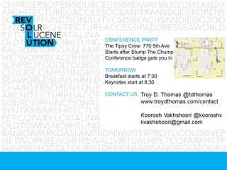 CONFERENCE PARTY
The Tipsy Crow: 770 5th Ave
Starts after Stump The Chump
Conference badge gets you in
TOMORROW
Breakfast starts at 7:30
Keynotes start at 8:30
CONTACT US
 