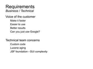 Requirements
Voice of the customer
Make it faster
Easier to use
Better results
Can you just use Google?
Technical team concerns
Custom code
Lucene aging
JSF foundation - GUI complexity
Business / Technical
 