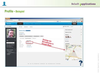 Profile - Beispiel

© 2014 Belsoft AG | www.belsoft.ch

Anzei
g
Büroa e der
Googl dresse in
e Map
s

 