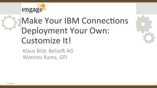 Make	
  Your	
  IBM	
  Connec/ons	
  
Deployment	
  Your	
  Own:	
  
Customize	
  It!	
  
Klaus	
  Bild,	
  Belso@	
  AG	
...