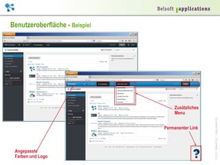 ©2014BelsoftAG|www.belsoft.ch
Benutzeroberfläche - Beispiel
Zusätzliches
Menu
Permanenter Link
Angepasste
Farben und Logo
 
