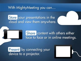 1 Register for an account, install the
   MightyMeeting App on your devices,
   and receive your unique email address.
 