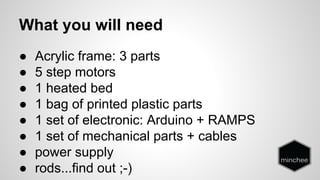What you will need 
● Acrylic frame: 3 parts 
● 5 step motors 
● 1 heated bed 
● 1 bag of printed plastic parts 
● 1 set of electronic: Arduino + RAMPS 
● 1 set of mechanical parts + cables 
● power supply 
● rods...find out ;-) 
 
