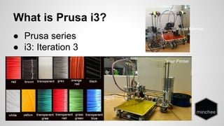 What is Prusa i3? 
● Prusa series 
● i3: Iteration 3 
Prusa Mendel 
Your Printer 
 
