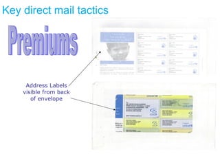 Address Labels visible from back of envelope Premiums Key direct mail tactics 