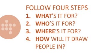 FOLLOW FOUR STEPS
1. WHAT’S IT FOR?
2. WHO’S IT FOR?
3. WHERE’S IT FOR?
4. HOW WILL IT DRAW
PEOPLE IN?
 