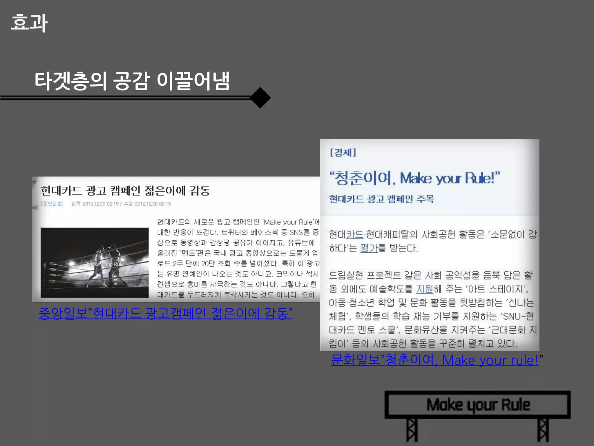 효과
타겟층의 공감 이끌어냄

중앙일보”현대카드 광고캠페인 젊은이에 감동”

문화일보”청춘이여, Make your rule!”

 