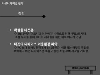 커뮤니케이션 전략

정리

 확실한 타겟층
-> 2012년은 ‘아프니까 청춘이다’ 바람으로 인한 ‘멘토’의 시대.
소셜 무비를 통해 20-30 세대들을 위한 위로 메시지 전달

 타겟의 디바이스 이용환경 파악
-> PC 보다 모바일환경에서 SNS를 많이 이용하는 타겟의 특성을
이해하고 어떤 디바이스건 호환 가능한 소셜 무비 제작을 기획함.

 
