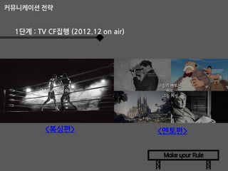 커뮤니케이션 전략

1단계 : TV CF집행 (2012.12 on air)

<복싱편>

<멘토편>

 