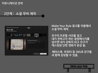 커뮤니케이션 전략

2단계 : 소셜 무비 제작

Make Your Rule 광고를 이용해서
소셜 무비 제작.
친구의 프로필 사진을 넣고
내가 전하고자 하는 응원메시지를
넣으면 내가 감독이 되고 친구가
캐스팅된 단편 영화가 완성 됨.
페이스북, 트위터 등 SNS로 친구들
과 함께 감상할 수 있음.

 