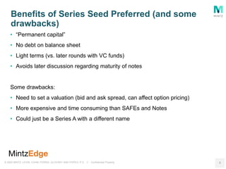 © 2020 MINTZ, LEVIN, COHN, FERRIS, GLOVSKY AND POPEO, P.C. // Confidential Property
• “Permanent capital”
• No debt on balance sheet
• Light terms (vs. later rounds with VC funds)
• Avoids later discussion regarding maturity of notes
Some drawbacks:
• Need to set a valuation (bid and ask spread, can affect option pricing)
• More expensive and time consuming than SAFEs and Notes
• Could just be a Series A with a different name
Benefits of Series Seed Preferred (and some
drawbacks)
3
 