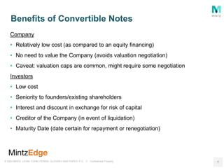 © 2020 MINTZ, LEVIN, COHN, FERRIS, GLOVSKY AND POPEO, P.C. // Confidential Property
Company
• Relatively low cost (as compared to an equity financing)
• No need to value the Company (avoids valuation negotiation)
• Caveat: valuation caps are common, might require some negotiation
Investors
• Low cost
• Seniority to founders/existing shareholders
• Interest and discount in exchange for risk of capital
• Creditor of the Company (in event of liquidation)
• Maturity Date (date certain for repayment or renegotiation)
Benefits of Convertible Notes
5
 