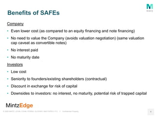 © 2020 MINTZ, LEVIN, COHN, FERRIS, GLOVSKY AND POPEO, P.C. // Confidential Property
Company
• Even lower cost (as compared to an equity financing and note financing)
• No need to value the Company (avoids valuation negotiation) (same valuation
cap caveat as convertible notes)
• No interest paid
• No maturity date
Investors
• Low cost
• Seniority to founders/existing shareholders (contractual)
• Discount in exchange for risk of capital
• Downsides to investors: no interest, no maturity, potential risk of trapped capital
Benefits of SAFEs
6
 
