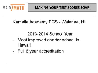 Kamaile Academy PCS - Waianae, HI
2013-2014 School Year
• Most improved charter school in
Hawaii
• Full 6 year accreditation
MAKING	YOUR	TEST	SCORES	SOAR	
 